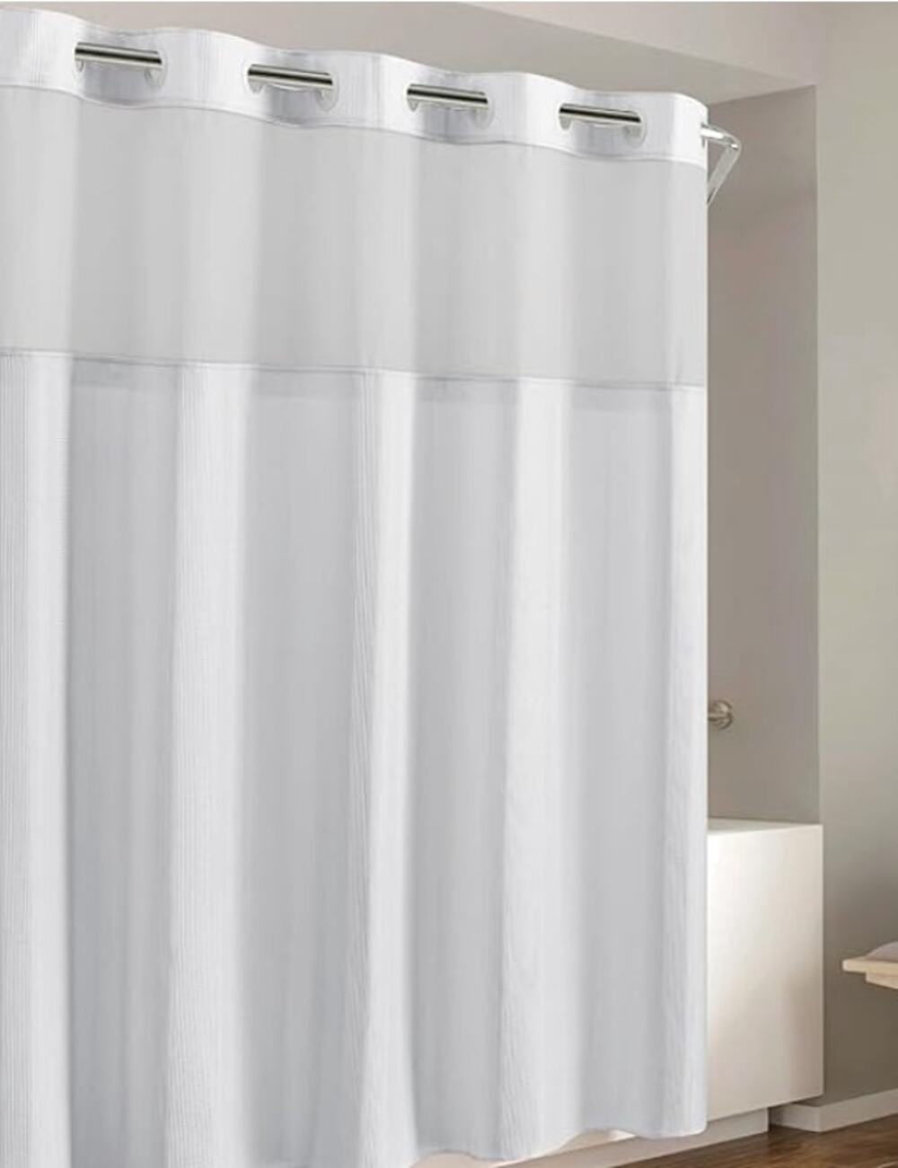 Waffle Stripe 2-in-1 Shower Curtain and Sheer Top Window, -Bright White
